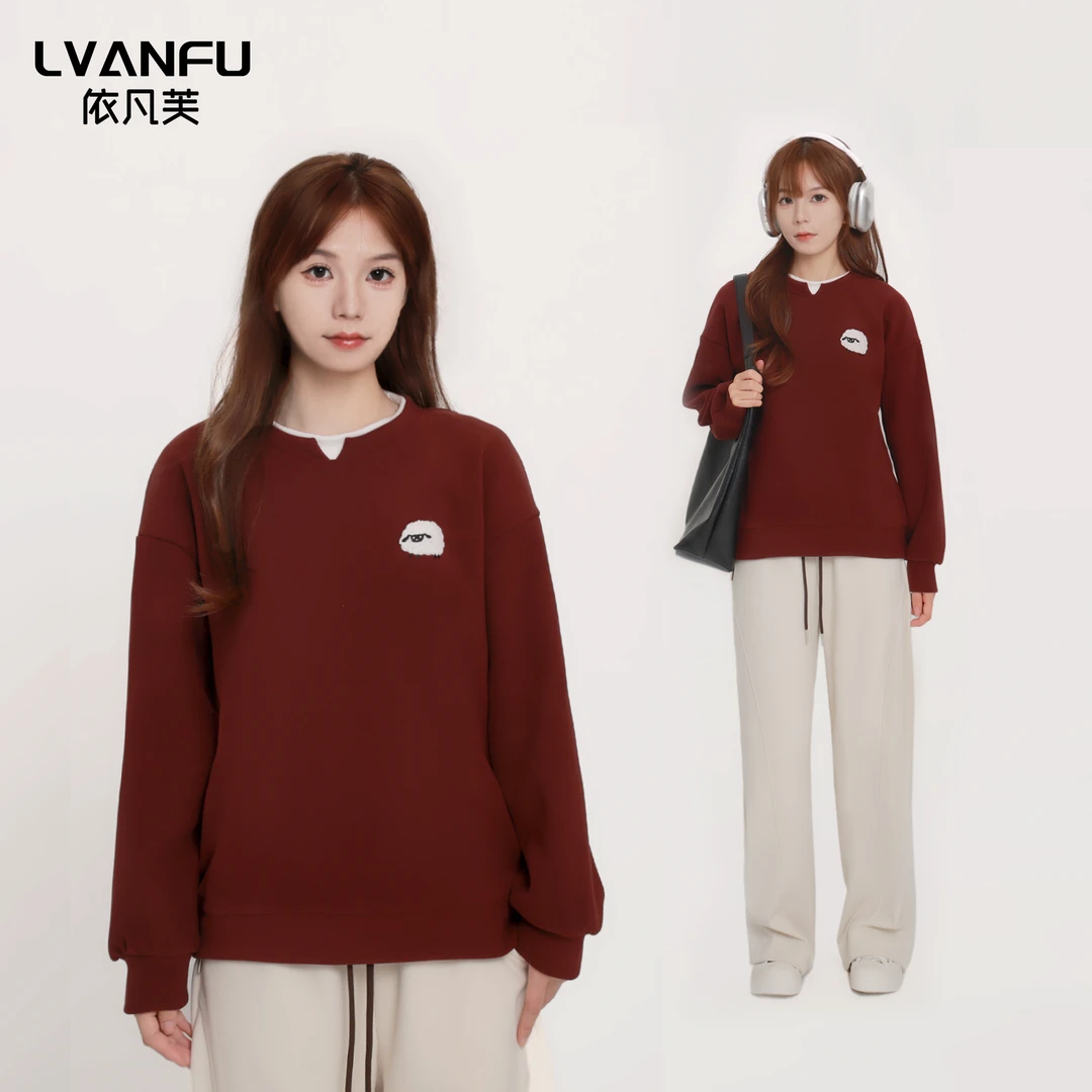 依凡芙-撞色假两件小羊刺绣宽松亲肤女士休闲卫衣JY502A/CX