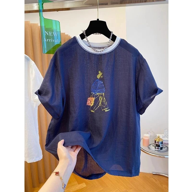 胖妹妹240斤大码韩范时髦轻薄苎麻撞色圆领短袖T恤女夏季显瘦上衣