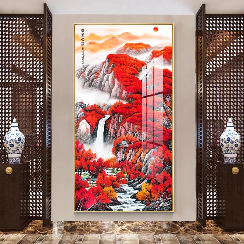 镶钻鸿运当头国画山水画招财靠山中式进门玄关装饰画过道挂画竖版