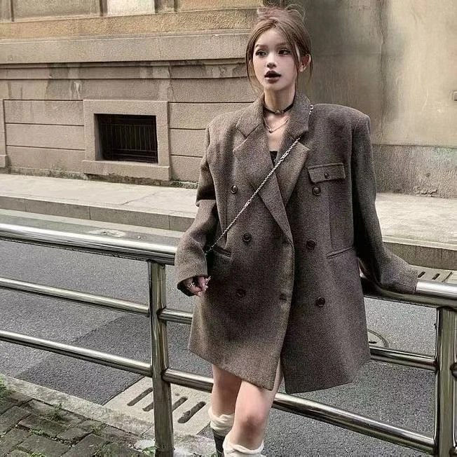 咖色毛呢西装外套女秋冬中长款宽松气质双排扣上衣