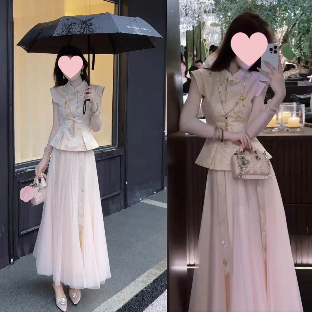 新中式夏季穿搭时尚套装无袖上衣半身裙两件套