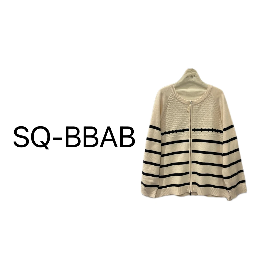 23131大码纯色双拉链条纹针织开衫