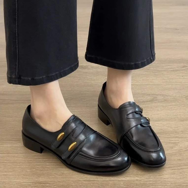 2026新款牛皮版~法式复古粗跟乐福鞋黑色皮带扣一脚蹬老钱风单鞋