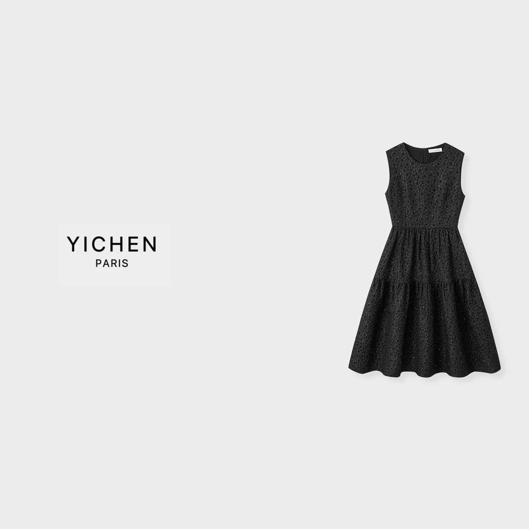 YC 满天星发泡提花圆领无袖中长款高定小黑裙-1965