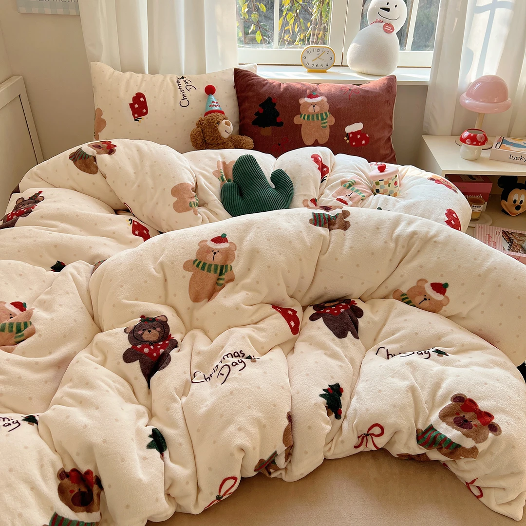 爱雅居·A类新年限定加厚牛奶绒四件套卡通保暖法兰绒被套宿舍三件