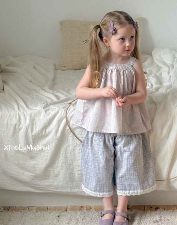 小鹿慕水 25135+25136女童套装2025夏季粉色碎花娃娃衫+格子裤