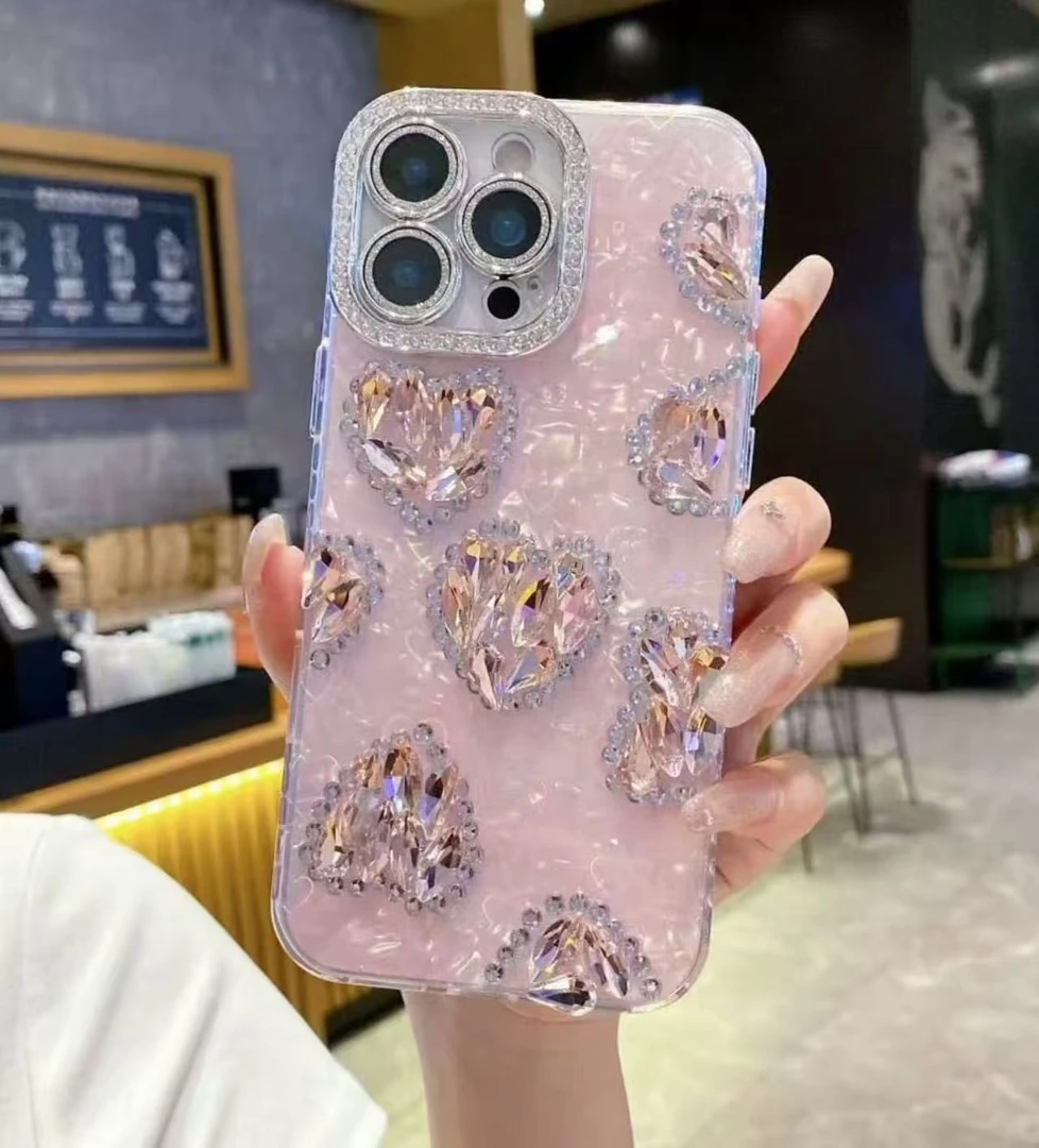 唯美贝壳纹闪钻爱心适用于苹果16PM手机壳15时尚14少女心