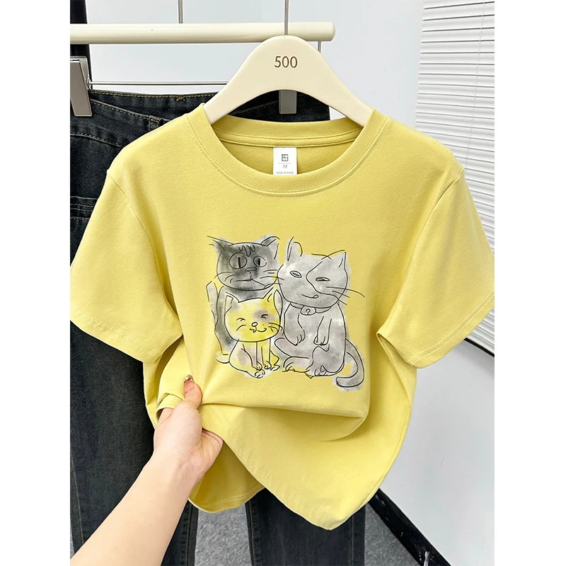 韩系简约猫咪印花正肩圆领t恤女夏季2025新款休闲大码百搭上衣女