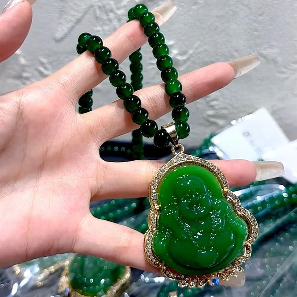 非金属树脂项链  笑口常开弥勒佛 佛公翠绿时尚爆款毛衣链项链