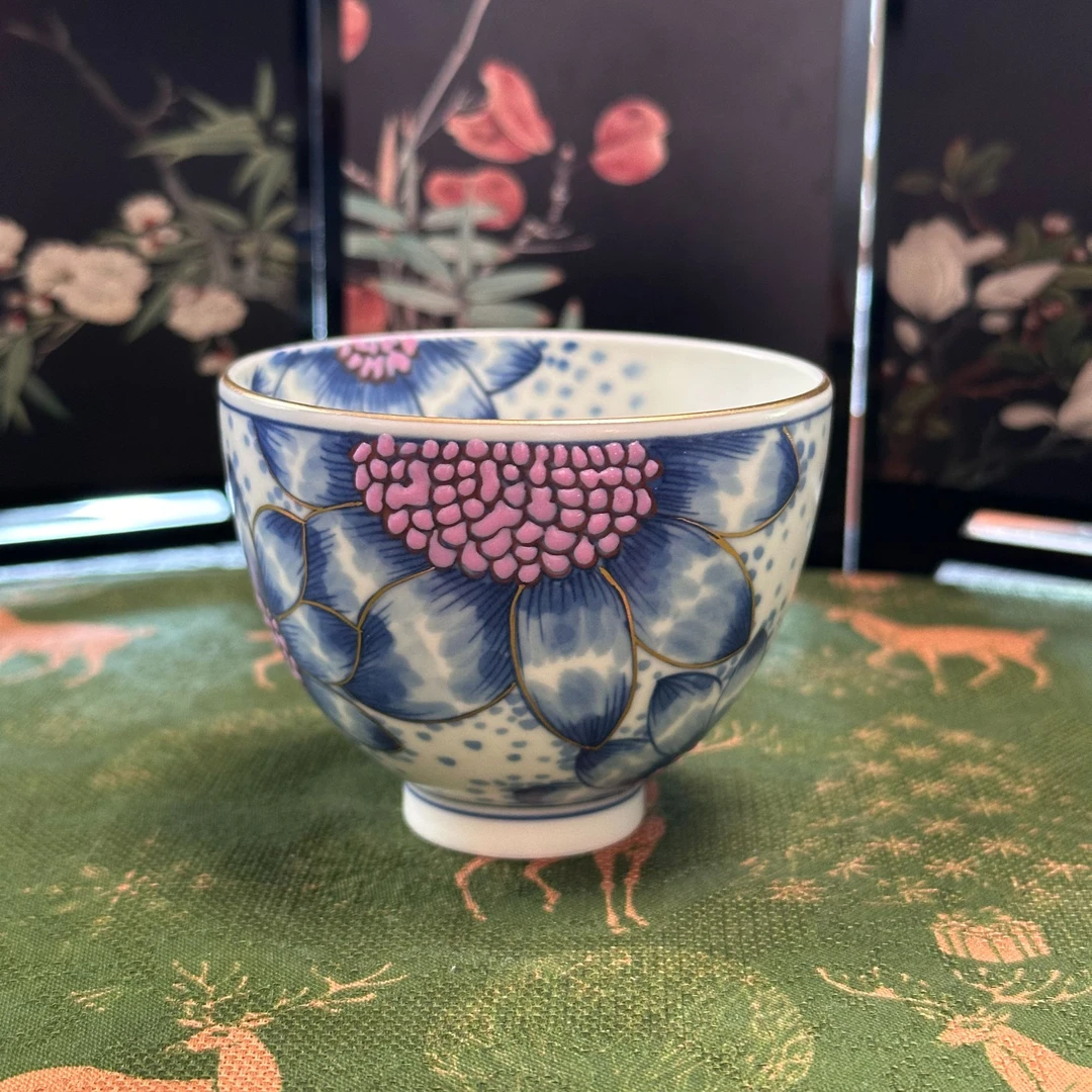 【雨溪山房】元青花粉彩描金葵韵鸡心杯0082