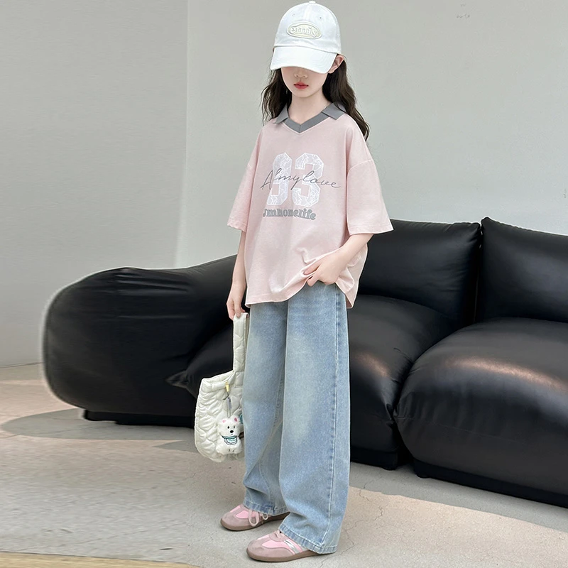 女童短袖夏装2025新款女大童学院风polo领t恤儿童百搭直筒牛仔裤
