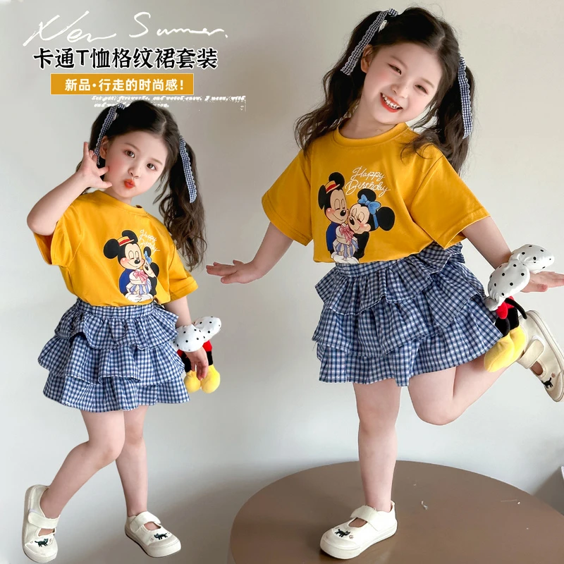 女宝夏装套装2025新款女童短袖短裙两件套韩版洋气卡通儿童蛋糕裙