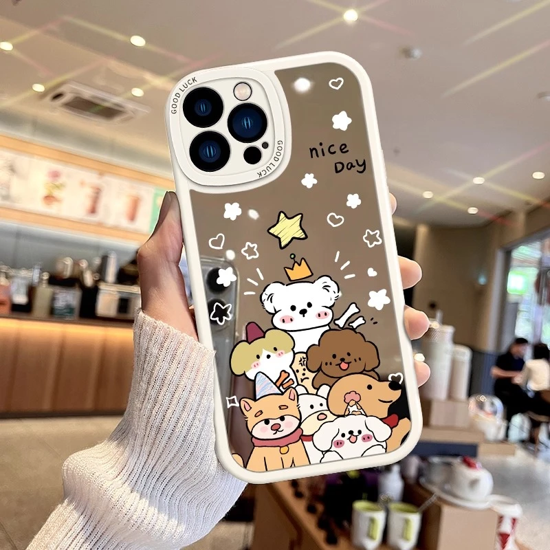 镜面小狗适用苹果16promax手机壳镜子iphone16pro保护壳15pro卡通