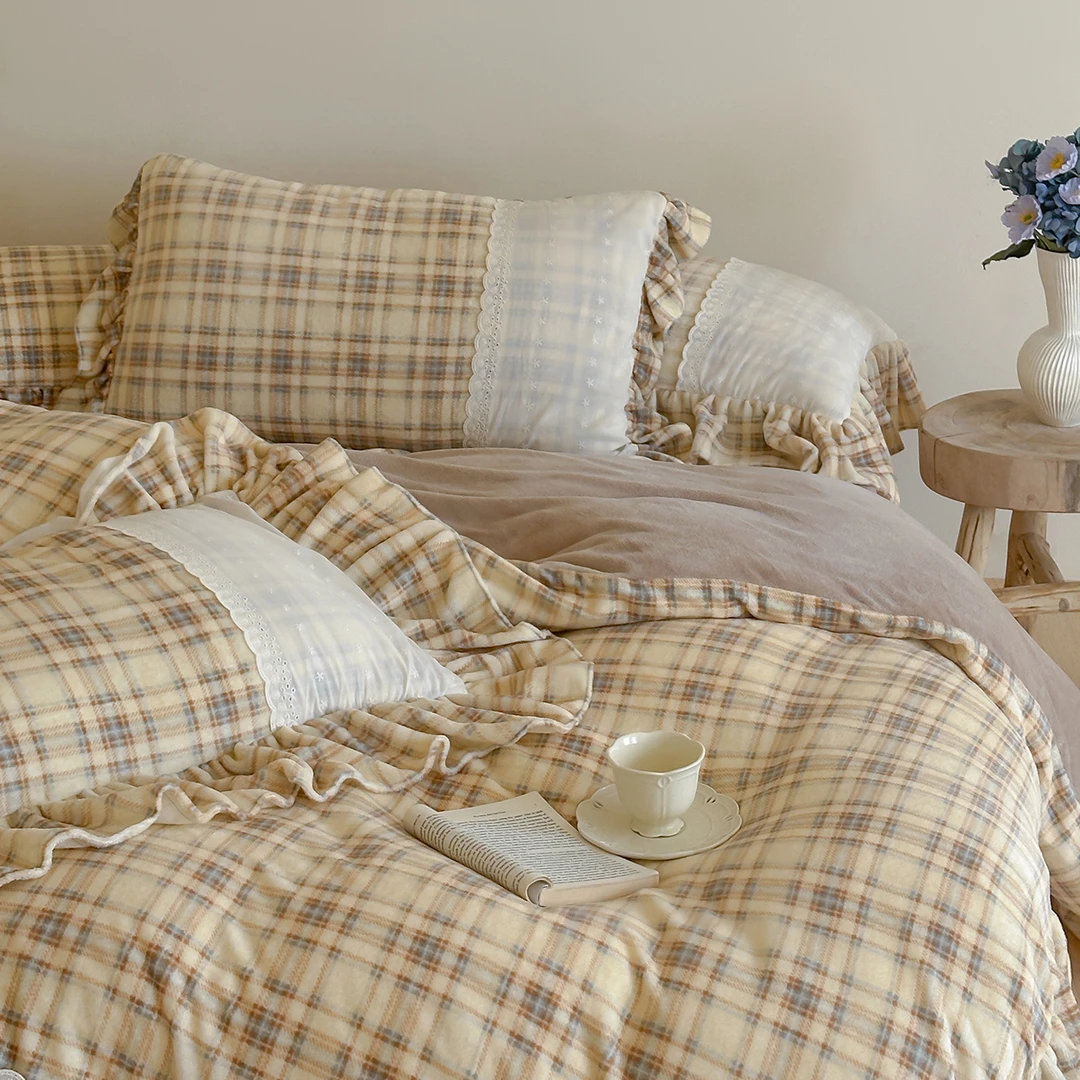 高级感简约格子加厚保暖牛奶绒四件套法兰绒双面加绒床单被套床品