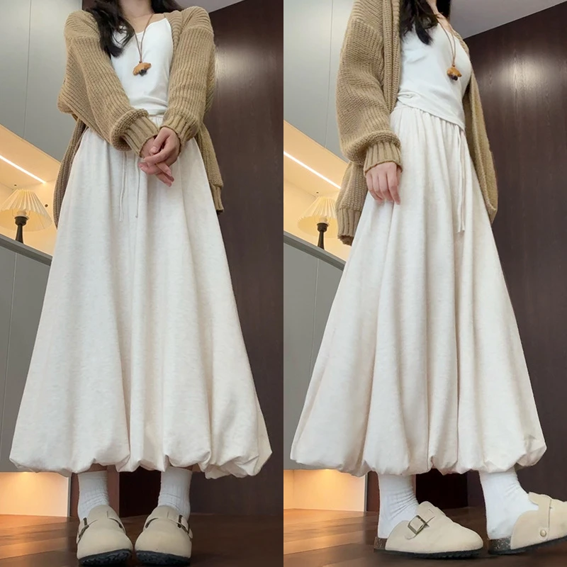 韩系花苞针织糯米半身裙女秋季新款高腰显瘦灯笼裙中长款a字伞裙