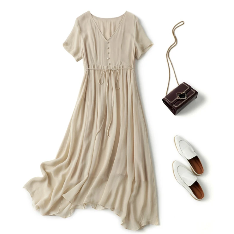 简洁大气净色桑蚕丝连衣裙D9007815