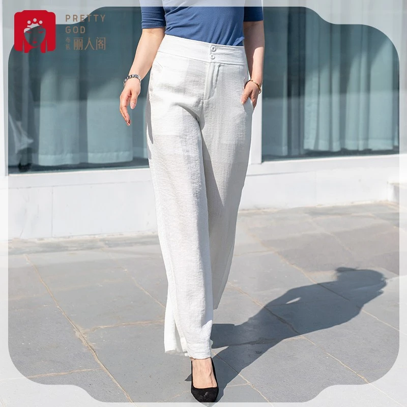 2025夏季新薄款布依丽人阁女裤高腰阔腿长裤子直筒大脚甩休闲白色