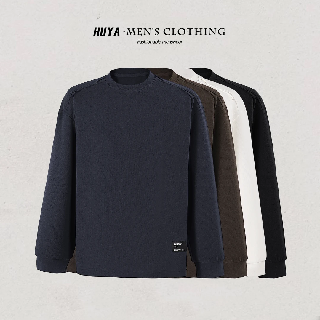 虎牙兄弟圆领卫衣男款2025冬炽芯双面暖绒磨毛拼接打底长袖66891