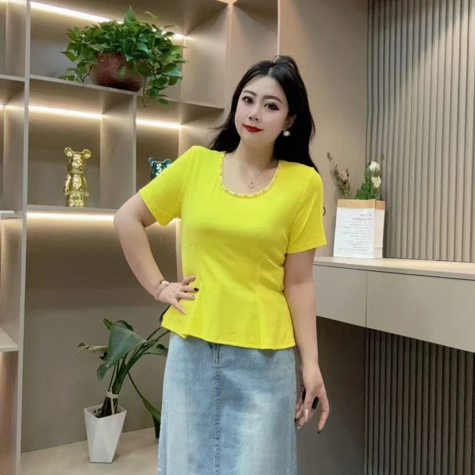 夏季半袖-甜 3825时尚珠珠环领潮流设计收腰显瘦胖MM大码女装新款