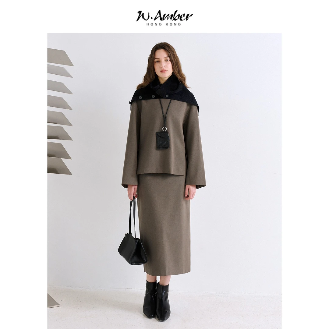 W.Amber羊毛混纺圆领长袖上衣/高腰半身裙2025秋季新款两件套装女