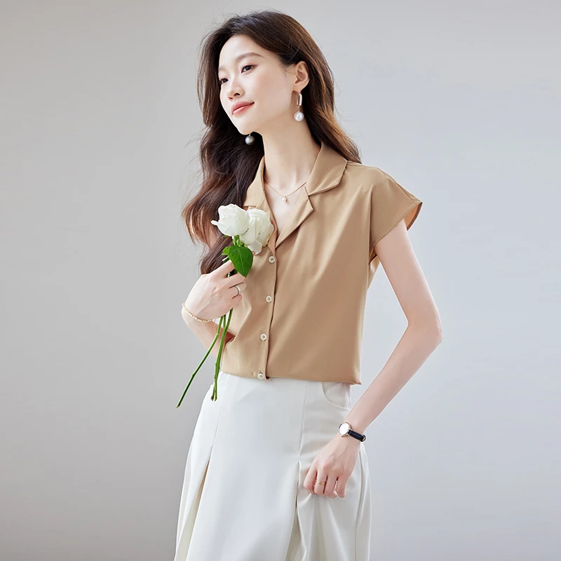 V领卡其色短袖打底衫夏季新款衬衫上衣小众洋气休闲百搭职业装女