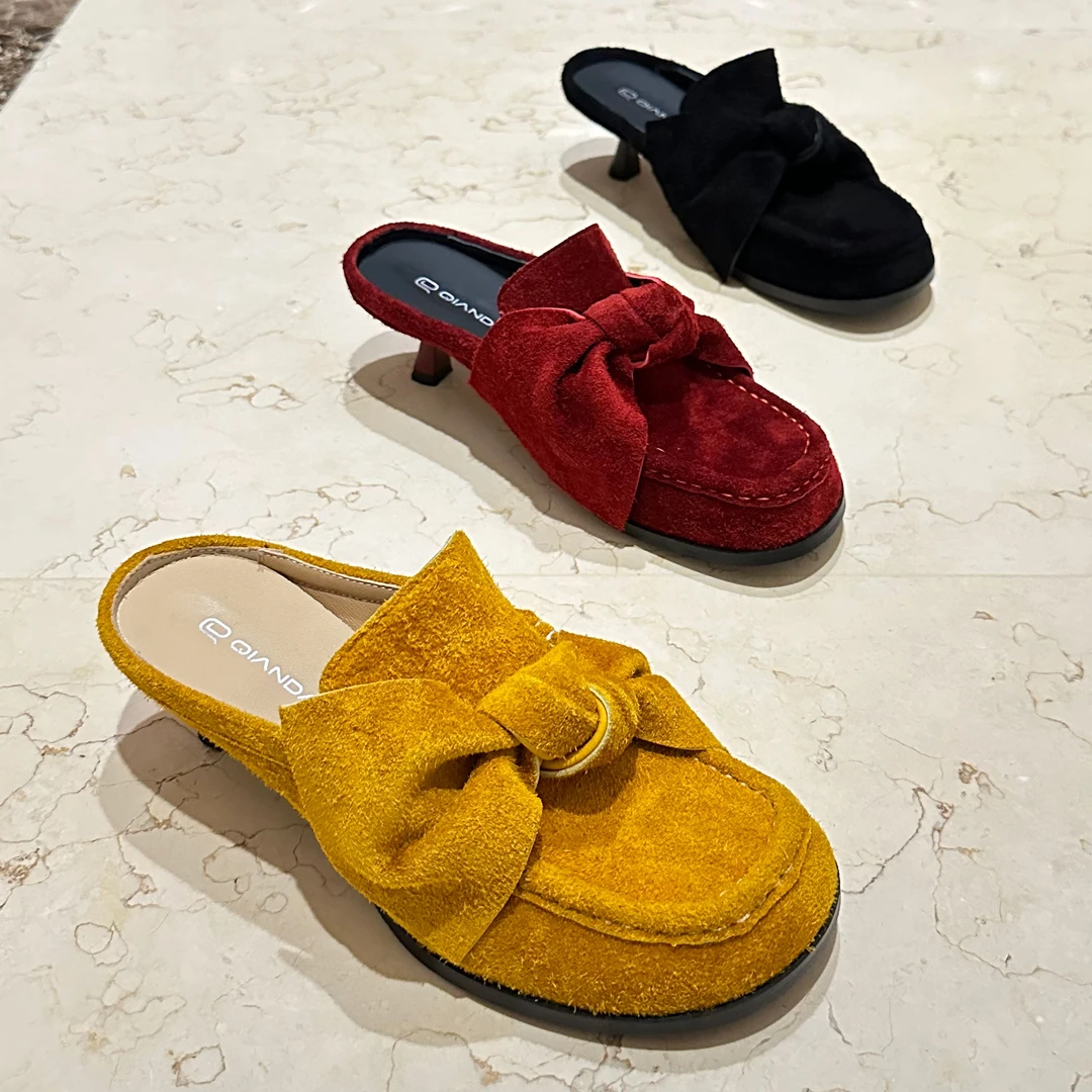 【映昔】25早春新款牛皮娃娃圆头真皮复古时尚细跟蝴蝶结乐福女拖鞋