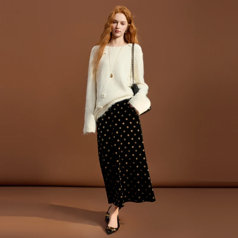 ['双11好物']三彩2025冬季新款波点丝绒半身裙A字裙复古百搭半裙