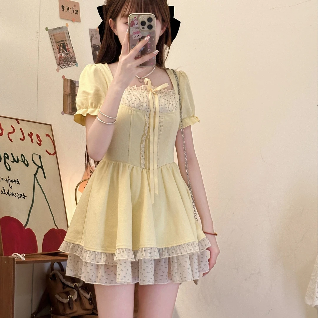 香糕奶酪 织物猪原创 收腰显瘦美式复古学院风黄色牛仔连衣裙