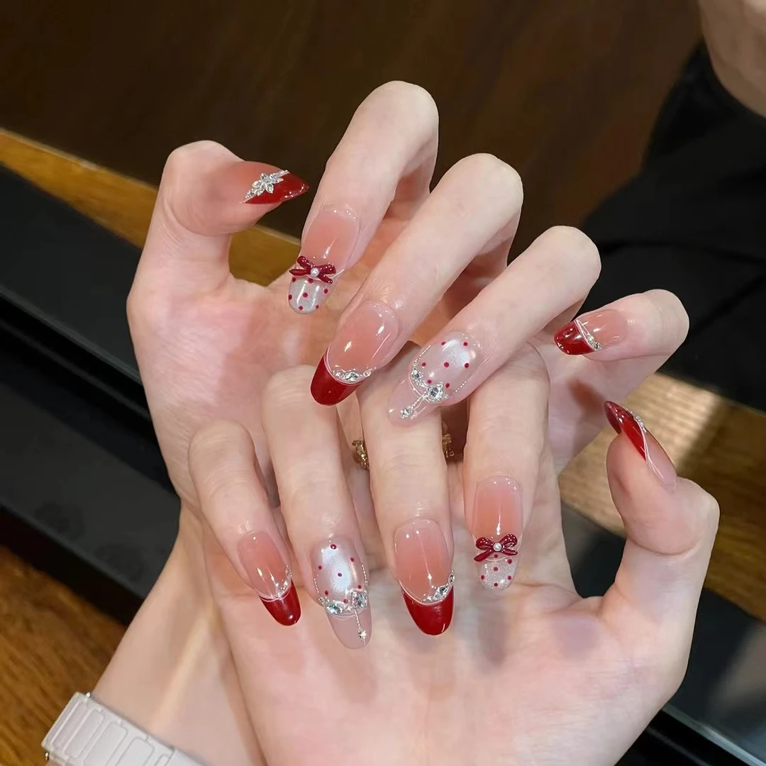 【俏丽佳人】手工穿戴甲 法式波点酒红猫眼美甲气质显白高级感美甲