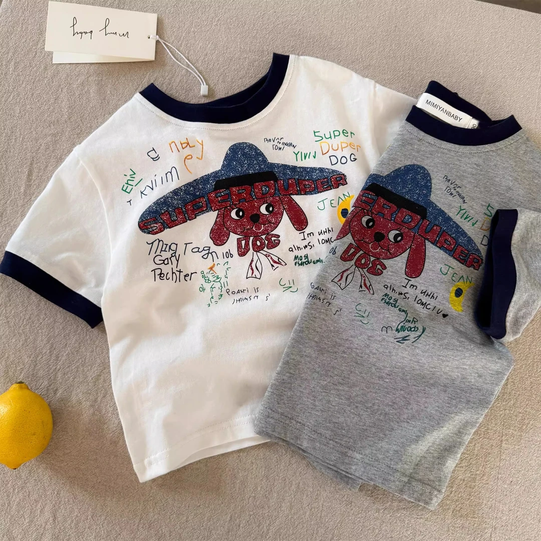 纯棉儿童短袖2025夏男女童日系潮牌卡通小狗T宝宝小童洋气半袖T恤