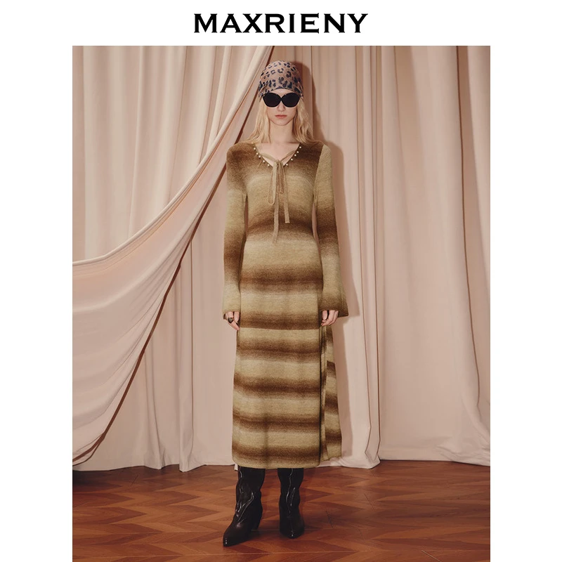 【蜜思仝】MAXRIENY穿搭连衣裙25秋款渐变条纹收腰针织长袖长裙