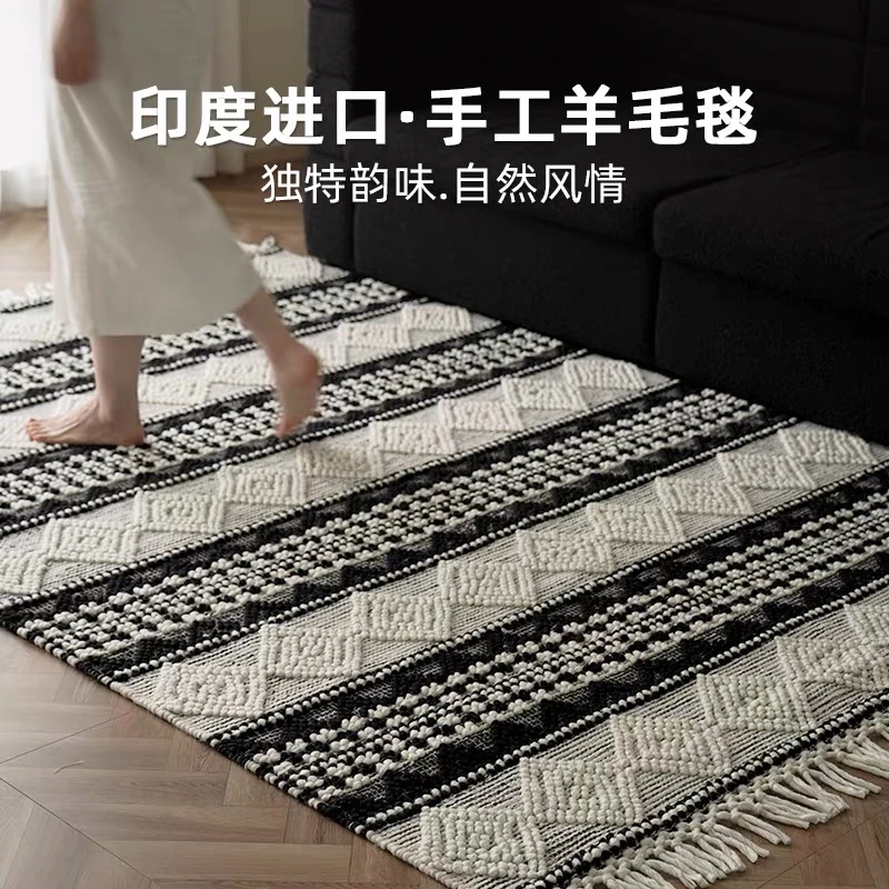 【新品】北欧简约印度进口手工黄麻加厚地毯纯色流苏卧室床边毯无胶