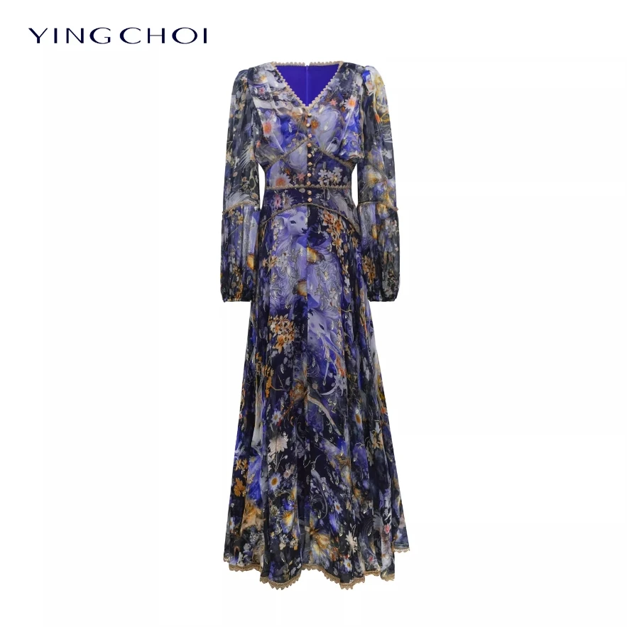【宠粉专属】YINGCHOI2025春款蓝紫色彩鹿V领连衣裙32271