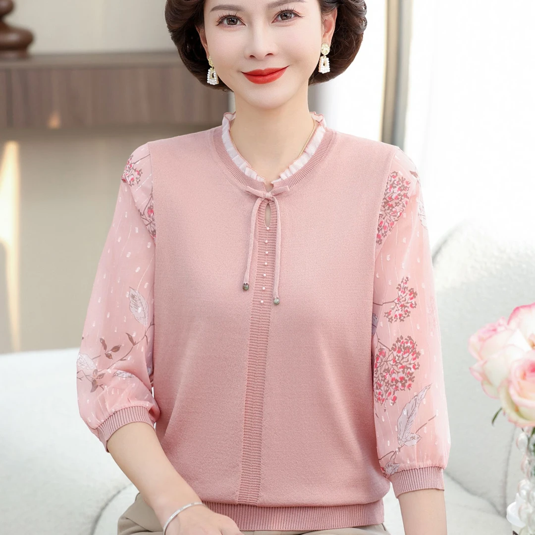 新中式妈妈夏装冰丝T恤薄款打底衫中老年女春夏国风纱袖针织上衣