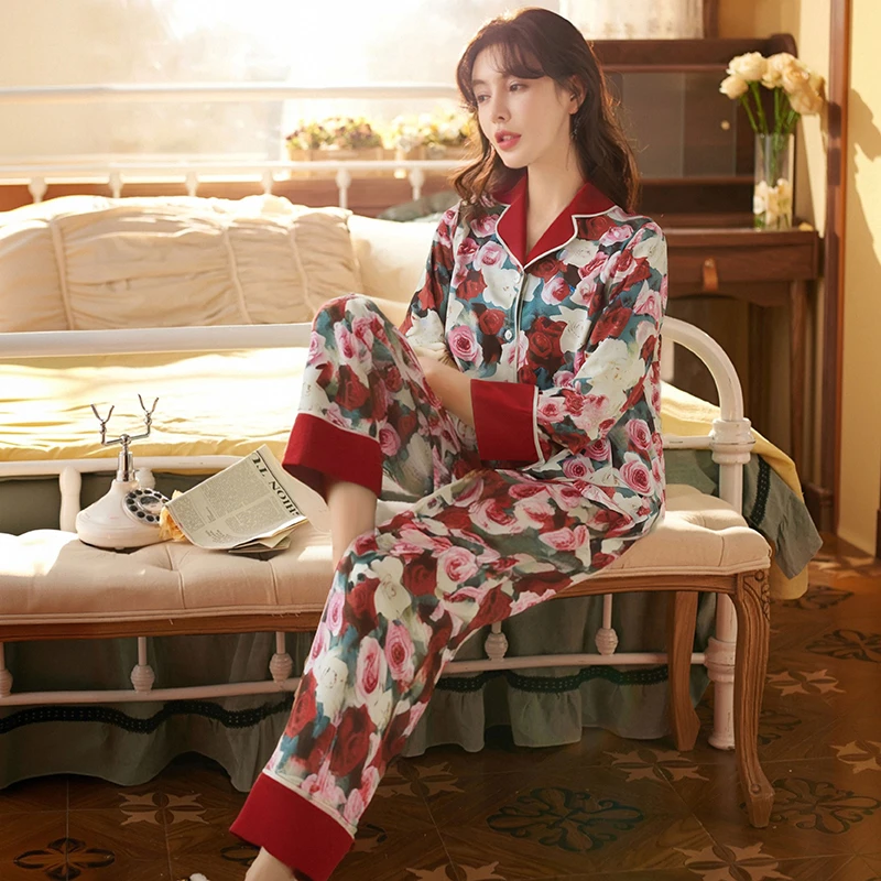 家居服睡衣仿真丝柔顺滑冰丝薄款女装春夏装玫瑰图案高贵两件套装