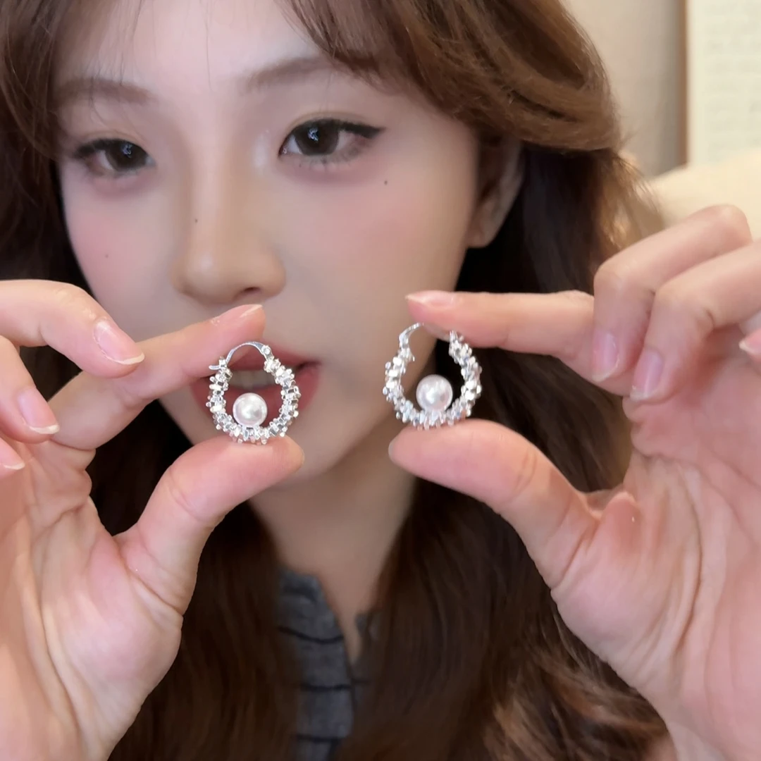 铜合金耳饰 韩系爆闪碎银子珍珠圈圈耳扣气质耳饰女耳环女耳钉