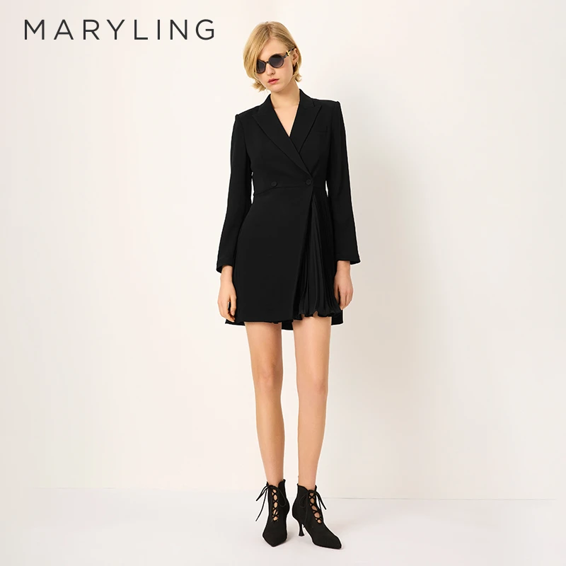 MARYLING玛俪琳2025春季新品黑色不对称压褶西装连衣裙A1FBW61520