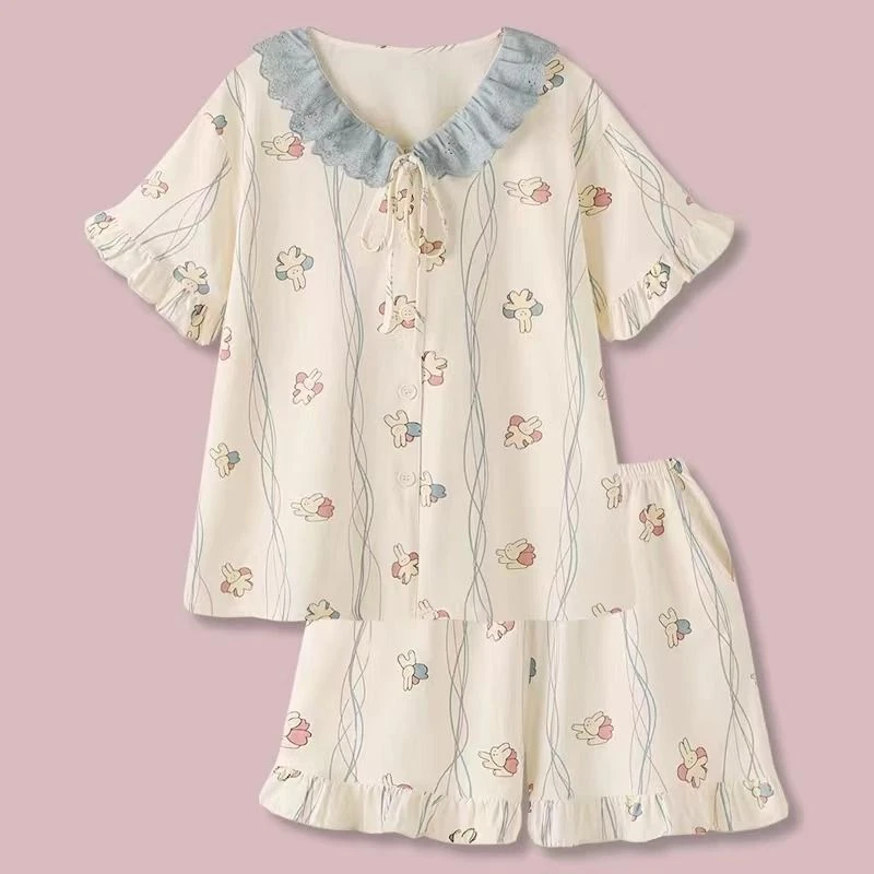 女童夏季睡衣套装2025新款儿童蕾丝花边薄款两件套女童短袖家居服