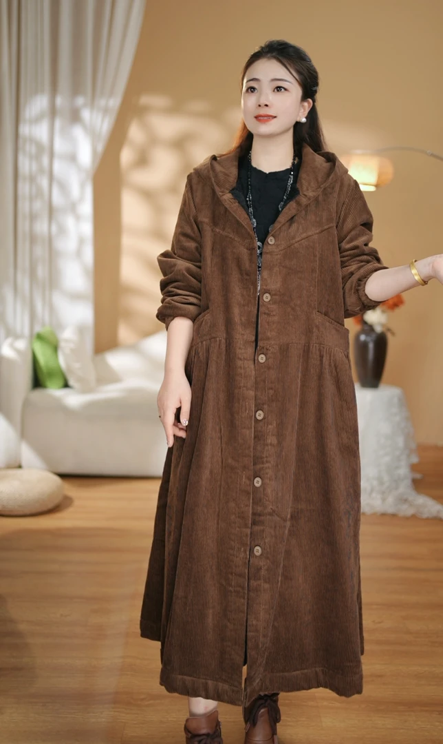 《素雅》冬季新品灯芯绒加绒加厚女士长款外套休闲时尚百搭宽松1105