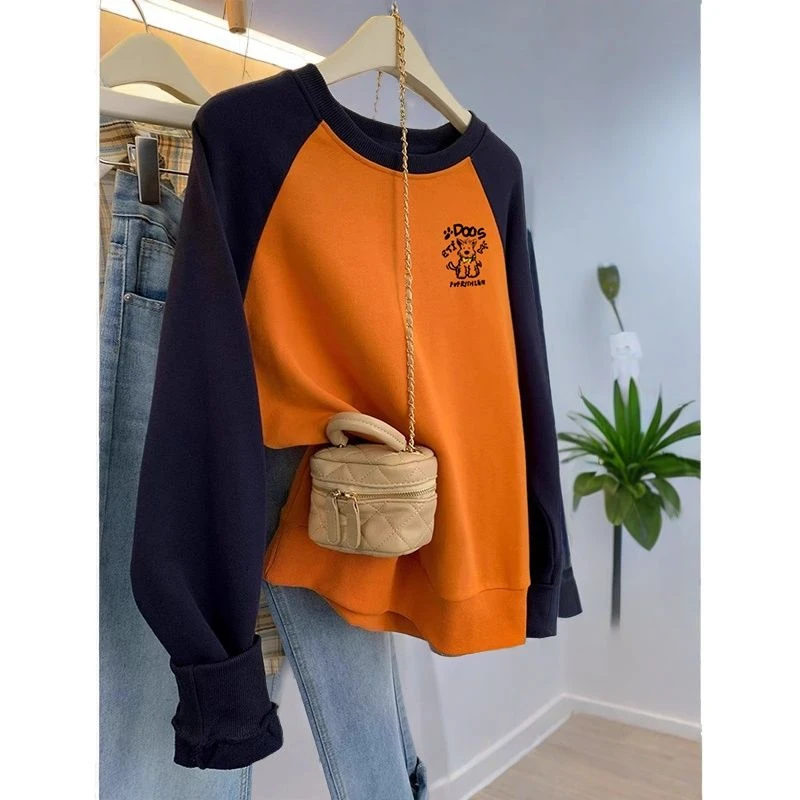撞色插肩袖套头卫衣男女2025秋新款长袖t恤打底外穿宽松情侣上衣