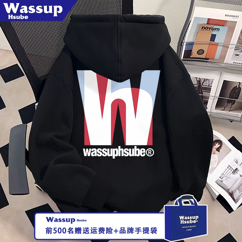 WASSUP HSUBE黑色连帽拉链卫衣彩色字母印花外套秋冬季男女款开衫