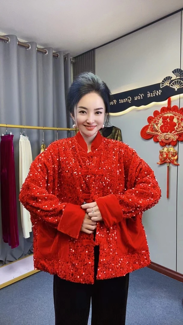 909#【国风】秋季薄棉服丝绒亮片盘扣