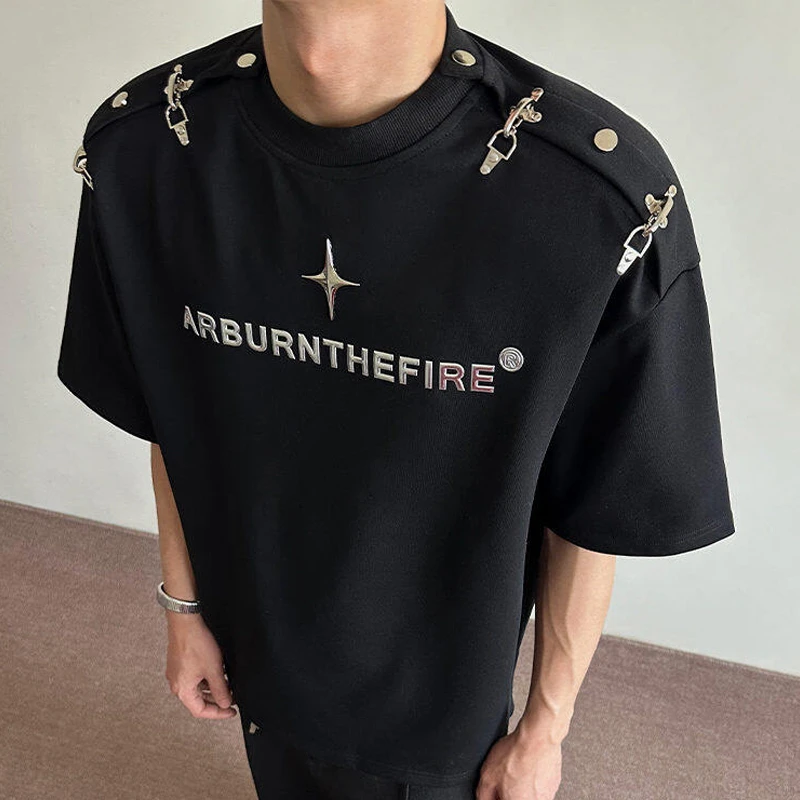 美式500g重磅金属正肩T恤男夏季飞机扣解构短袖痞帅垫肩七分袖