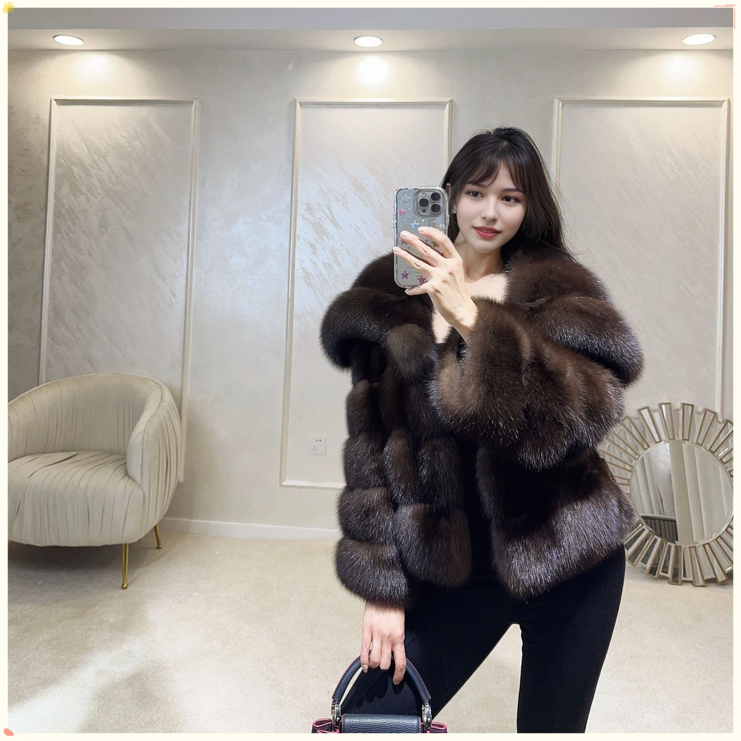 俄罗斯黑金农夫貂经典毛毛皮草外套女2025秋冬时尚新款大翻领大衣