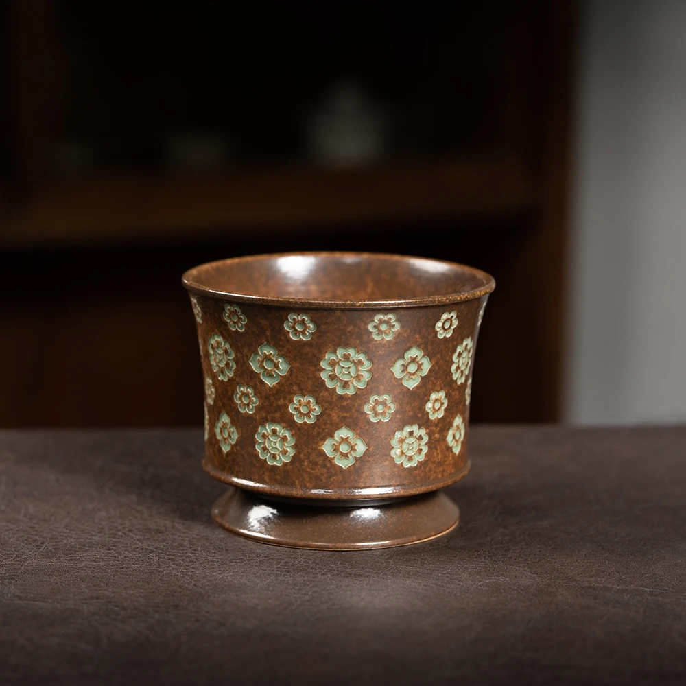 本土斋 青瓷草木灰宝相花容天杯 大容量功夫茶具主人杯手捧杯握杯