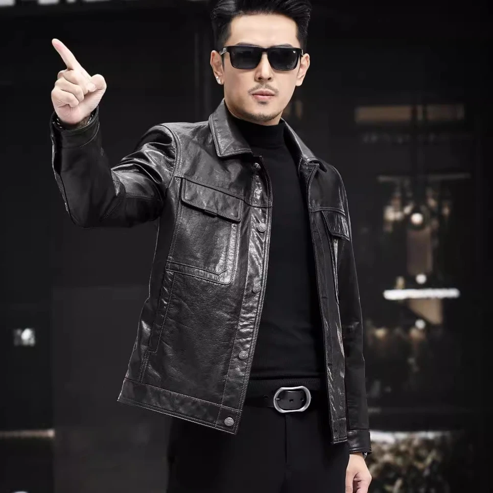 海宁真皮皮衣啄木男士头层牛皮翻领休闲皮夹克短款皮外套秋冬新款