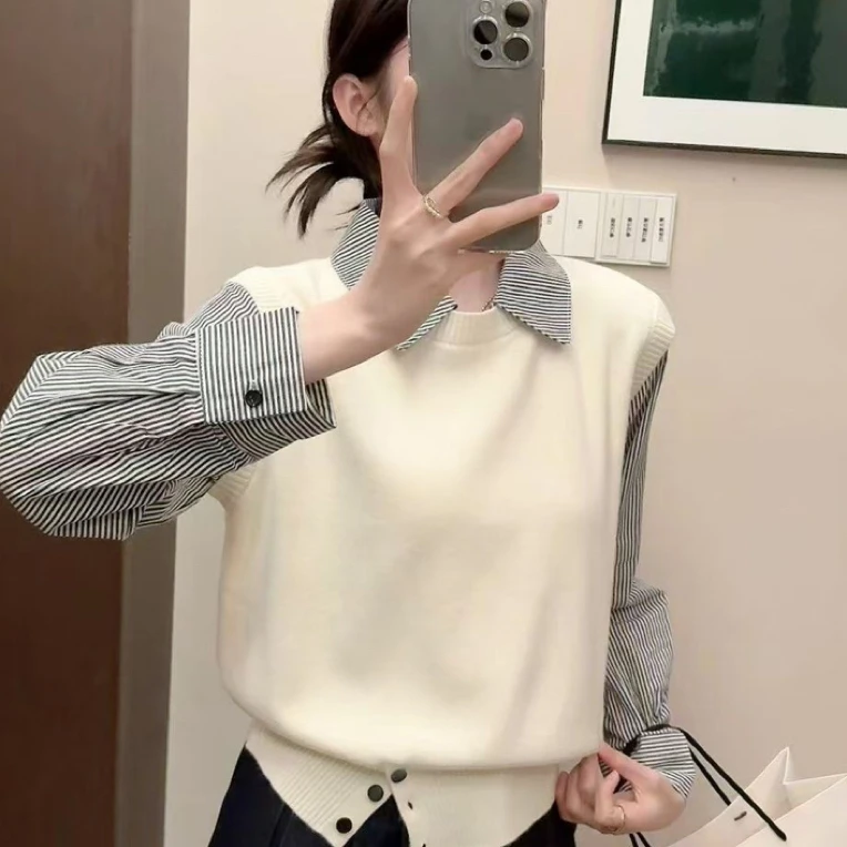 韩系穿搭2025秋季新款拼接衬衫假两件针织衫毛衣女8889
