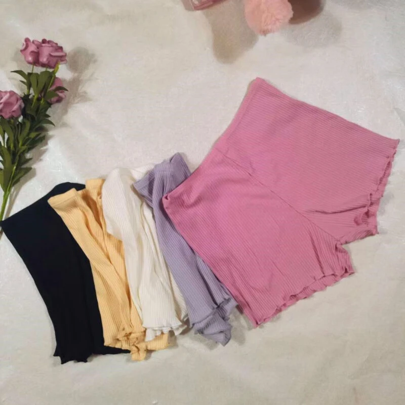 防走光安全裤百搭螺纹卷三分裤外穿竹节棉卷边竖条安全裤女