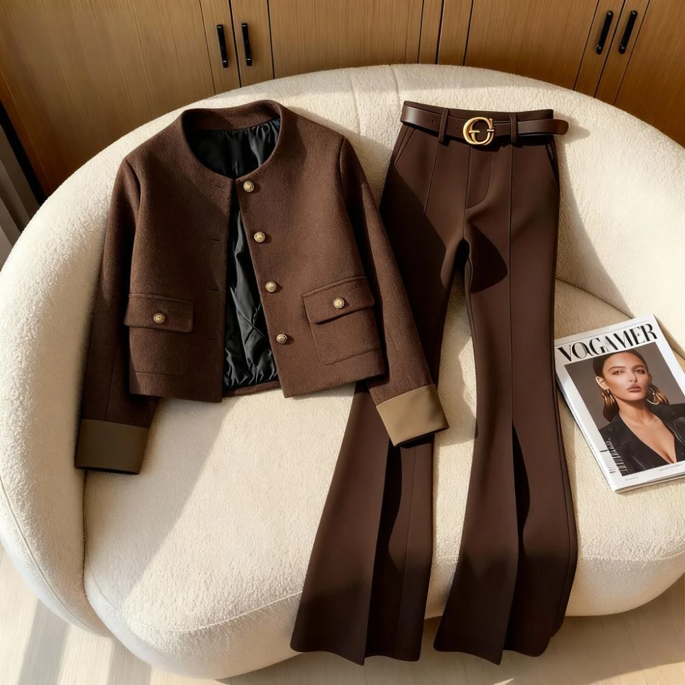 法式复古名媛小香风外套冬季新款洋气高级微喇裤气质穿搭一整套