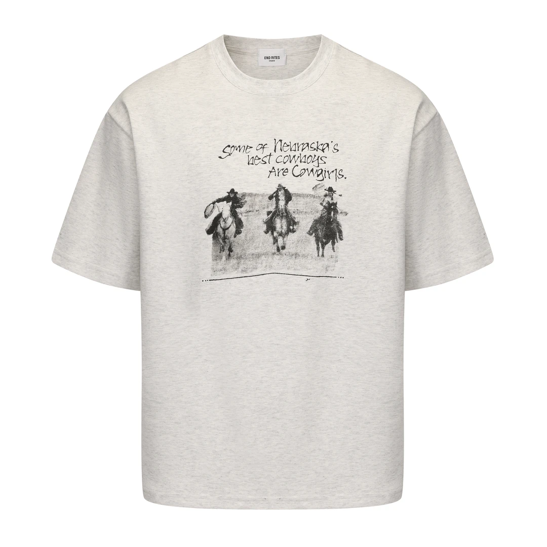 ENDRITES夏季重磅简约做旧印花西部牛仔cleanfit短宽版型短袖